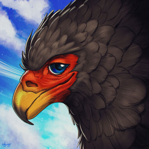 A stylised painting of the head and part of the upper body of an anthropomorphic bateleur eagle. The image is square.